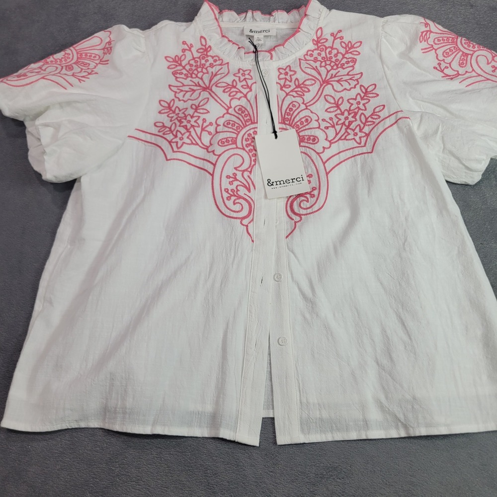 &merci Top Womens L White Coral Embroidered Ruffle Neck Puff Sleeve Boho MTP3976